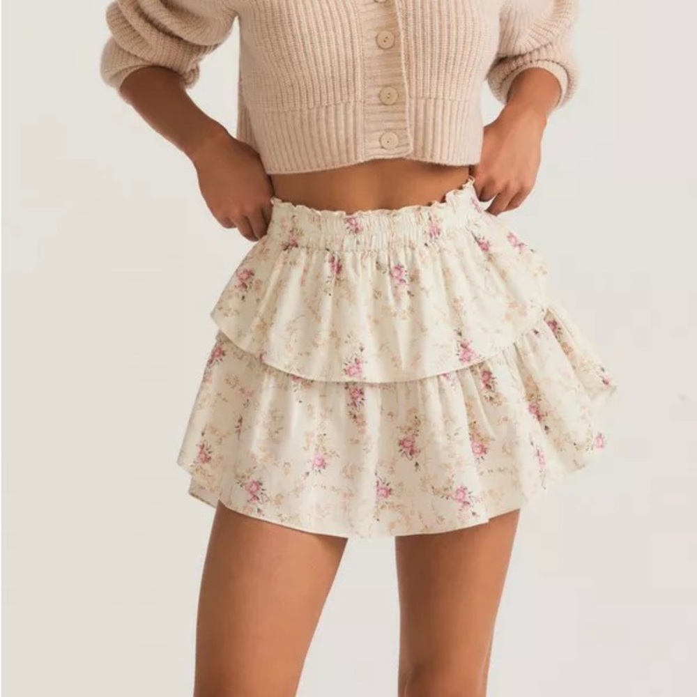 LoveShackFancy Cream Pink Tiered Mini Skirt